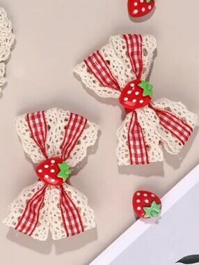 2pc Red & White Gingham W/White Crochet Lace & Strawberry Detail Hair Clips (OS)